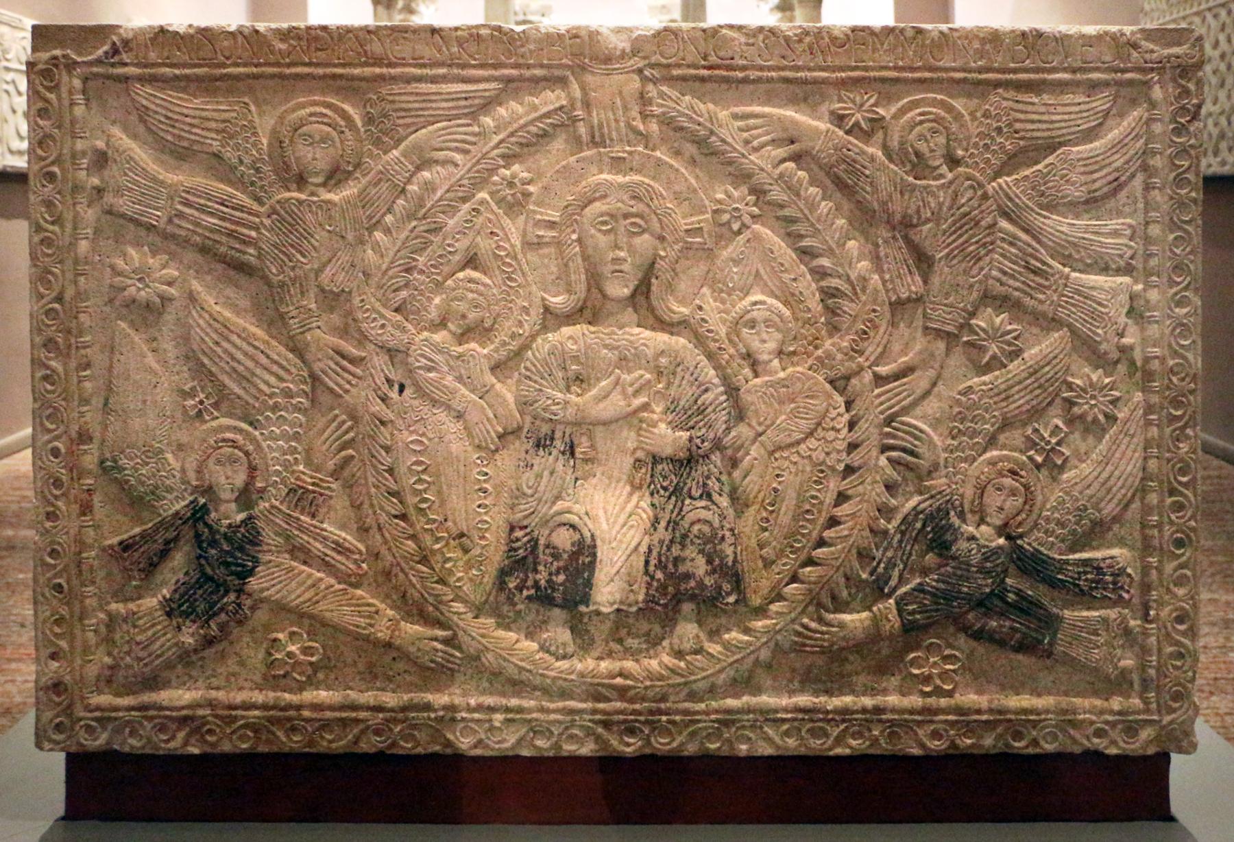 Carved Lombard altar of Duke Ratchis showing Christ in majesty with angels